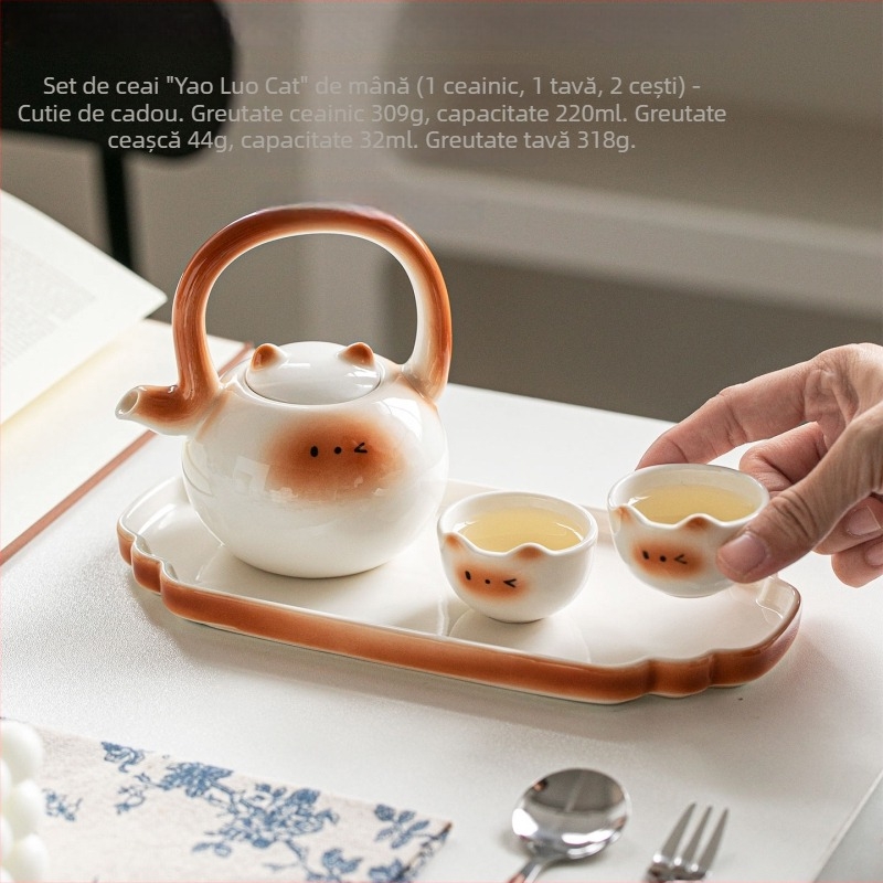Set ceai ceramic cu pisică Siamiană: ceainic, cești și tavă de servire – cutie cadou, pentru 2 persoane