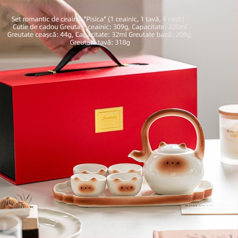 Set ceai ceramic cu pisică Siamiană: ceainic, cești și tavă de servire – cutie cadou, pentru 2 persoane