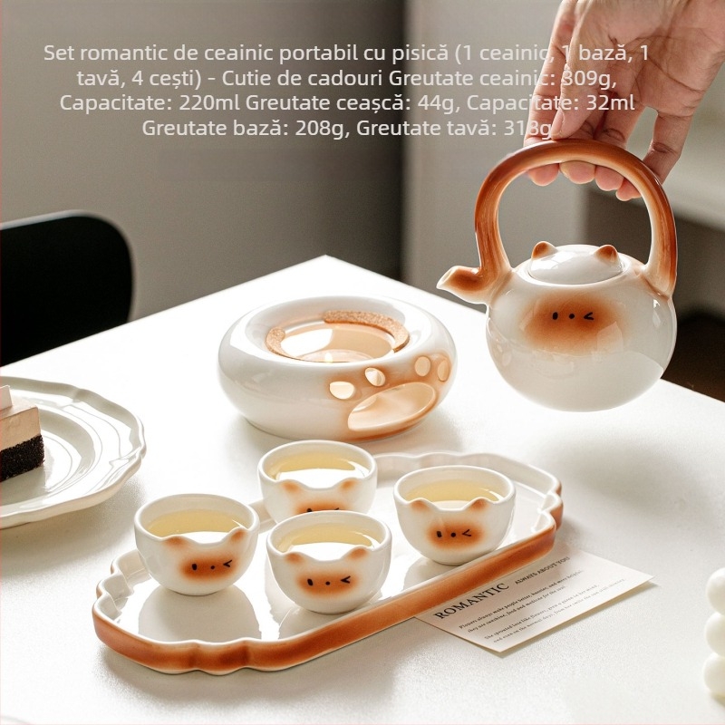 Set ceai ceramic cu pisică Siamiană: ceainic, cești și tavă de servire – cutie cadou, pentru 2 persoane