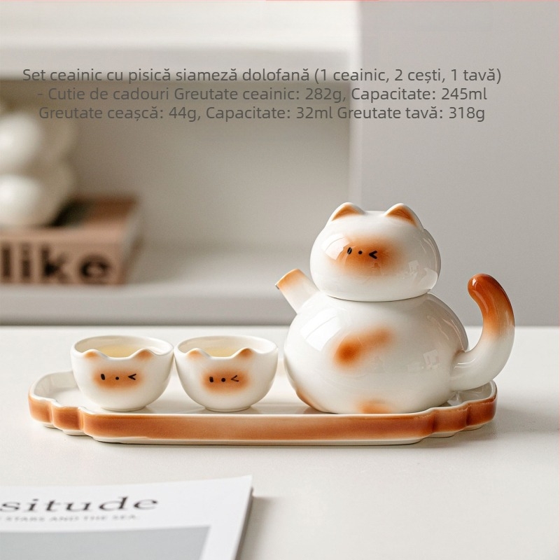 Set ceai ceramic cu pisică Siamiană: ceainic, cești și tavă de servire – cutie cadou, pentru 2 persoane