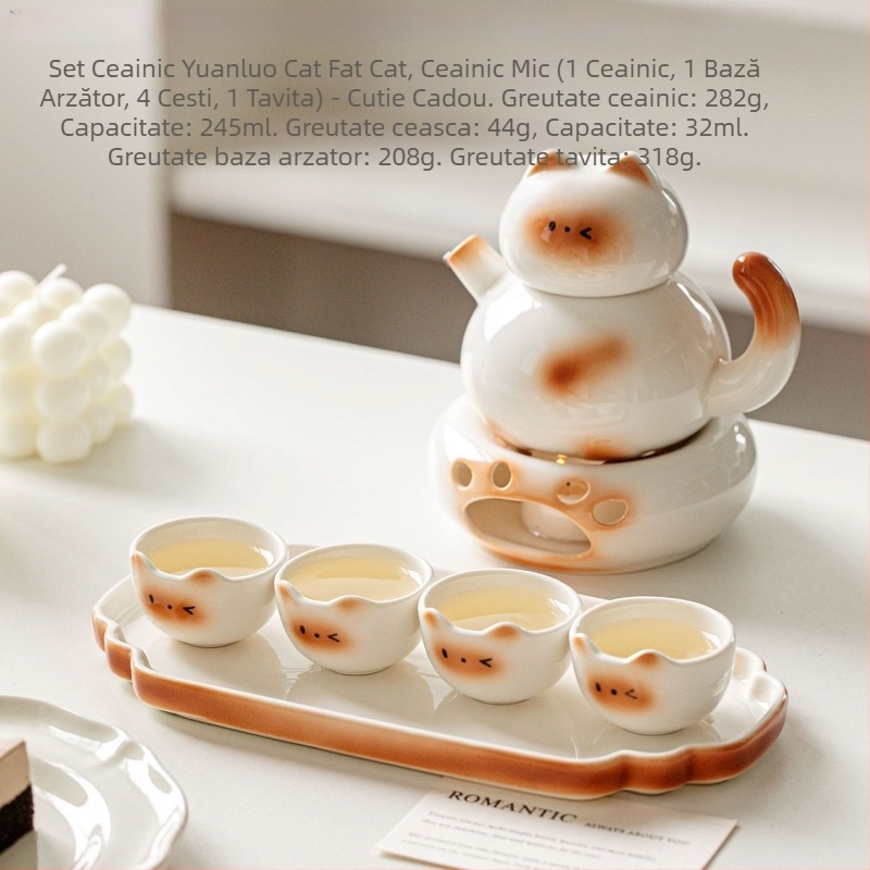Set ceai ceramic cu pisică Siamiană: ceainic, cești și tavă de servire – cutie cadou, pentru 2 persoane
