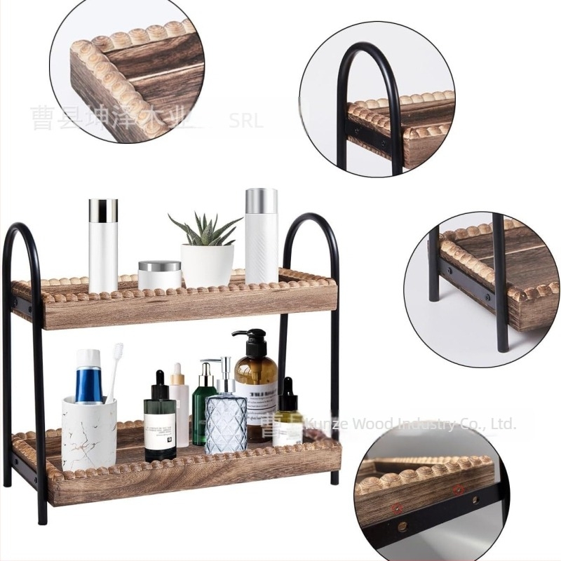 Raft dublu-etajat din fier și lemn pentru bucătărie, depozitare pentru condimente și cosmetică