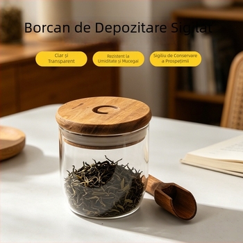 Recipient din sticlă cu capac din lemn de acacia, rotund, etanș, pentru ceai, bomboane, nuci și cereale