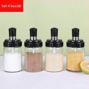 Set de 4 borcane pentru condimente cu capac și lingură integrată, sticla transparentă, rezistentă la umiditate, 250 ml fiecare