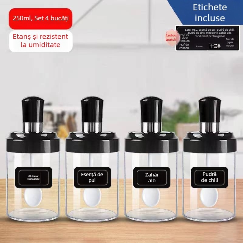 Set de 4 borcane pentru condimente cu capac și lingură integrată, sticla transparentă, rezistentă la umiditate, 250 ml fiecare