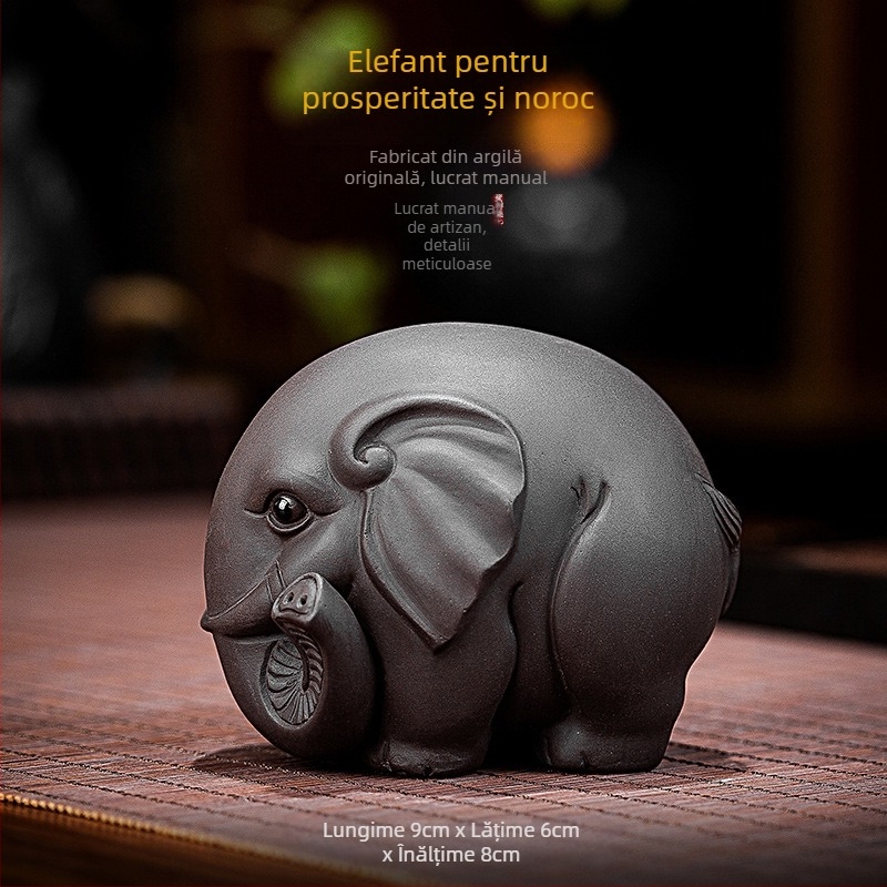 Animal de ceai din lut mov, elefant – ornament lucrat manual, pentru masă de ceai, prosperitate