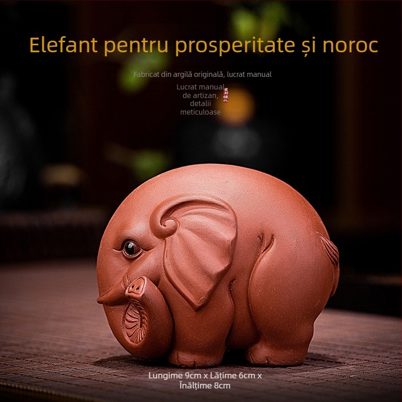 Animal de ceai din lut mov, elefant – ornament lucrat manual, pentru masă de ceai, prosperitate