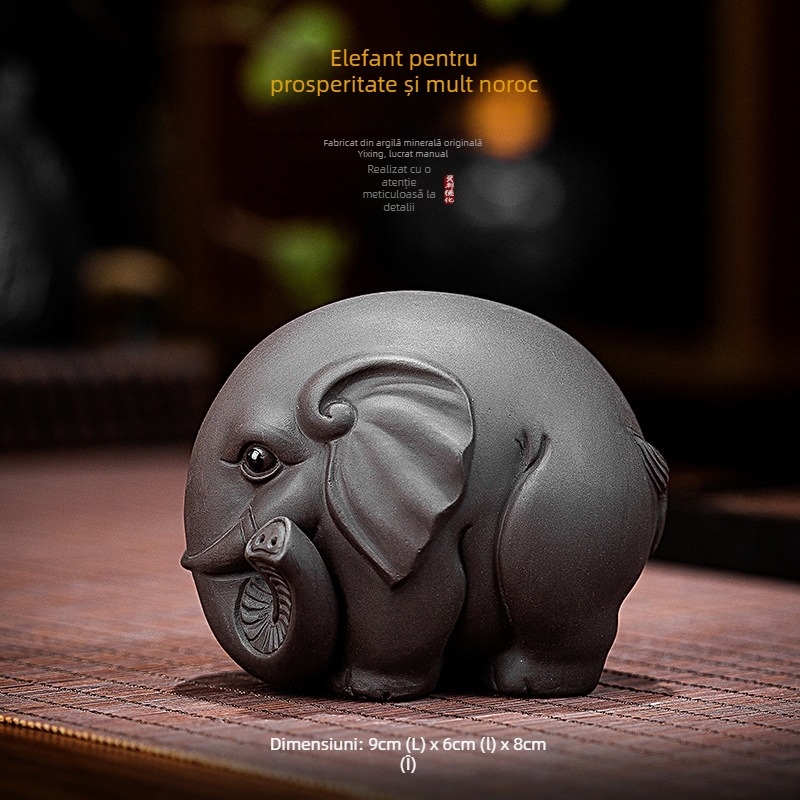 Animal de ceai din lut mov, elefant – ornament lucrat manual, pentru masă de ceai, prosperitate