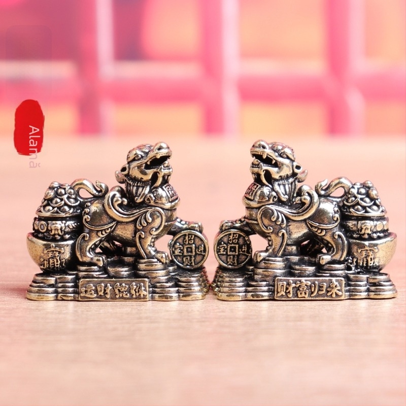 Cuplu Pixiu din alamă pură – ornamente decorative vintage pentru belșug și noroc