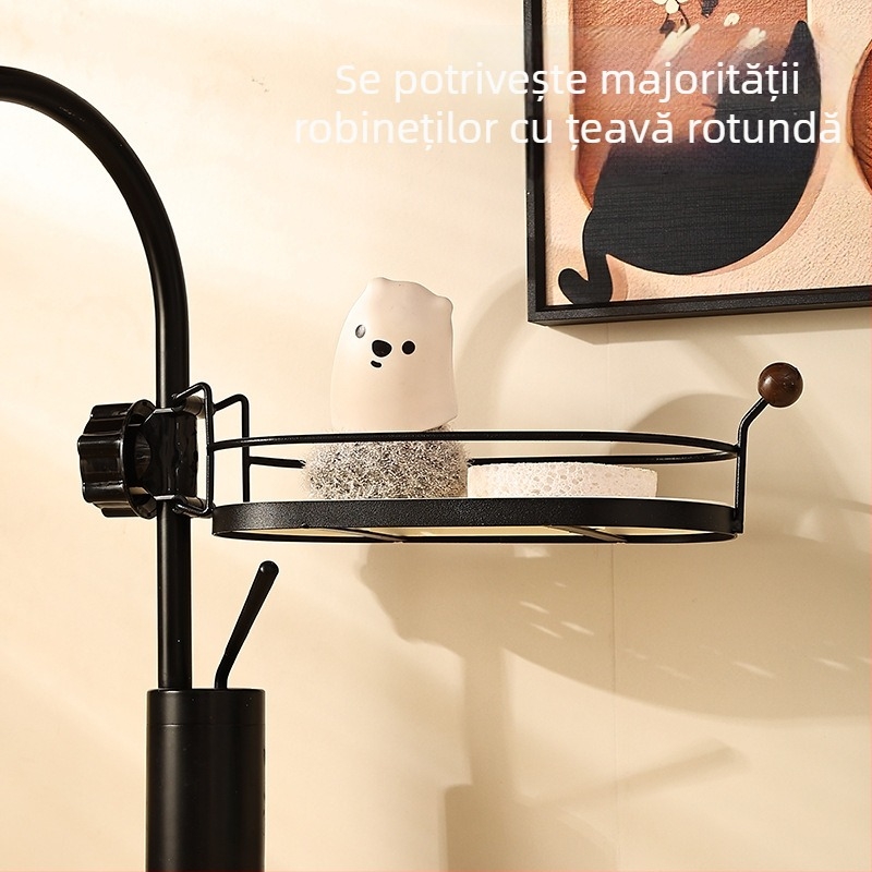 Raft de depozitare pentru robinetul bucătăriei, montaj fără găuri, pentru cârpe, săpun de vase și bureți, cu coș de drenaj