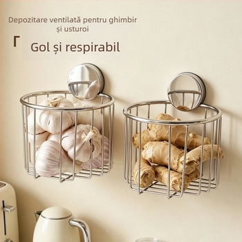 Coș de depozitare pentru ceapă, ghimbir și usturoi; montat pe interiorul ușii dulapului; controlează transferul de mirosuri; depozitare organizată pentru ghimbir, usturoi și ardei iute.