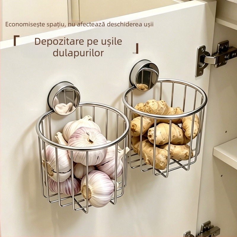 Coș de depozitare pentru ceapă, ghimbir și usturoi; montat pe interiorul ușii dulapului; controlează transferul de mirosuri; depozitare organizată pentru ghimbir, usturoi și ardei iute.