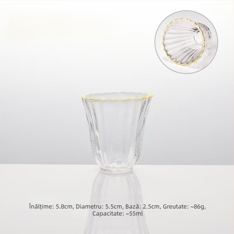 Ceai cristal în stil japonez, margine aurie și textură ciocanată; cană pentru sake și ceașcă individuală pentru ceremonia ceaiului