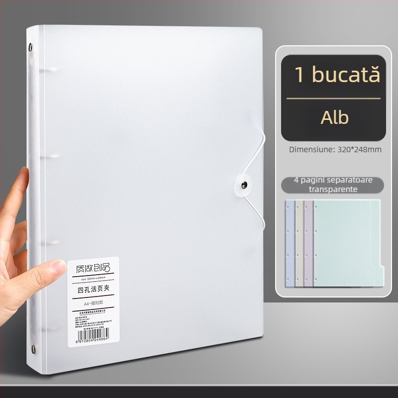 Caiet A4 cu patru găuri, pentru elevi de gimnaziu și liceu, organizare simplă.