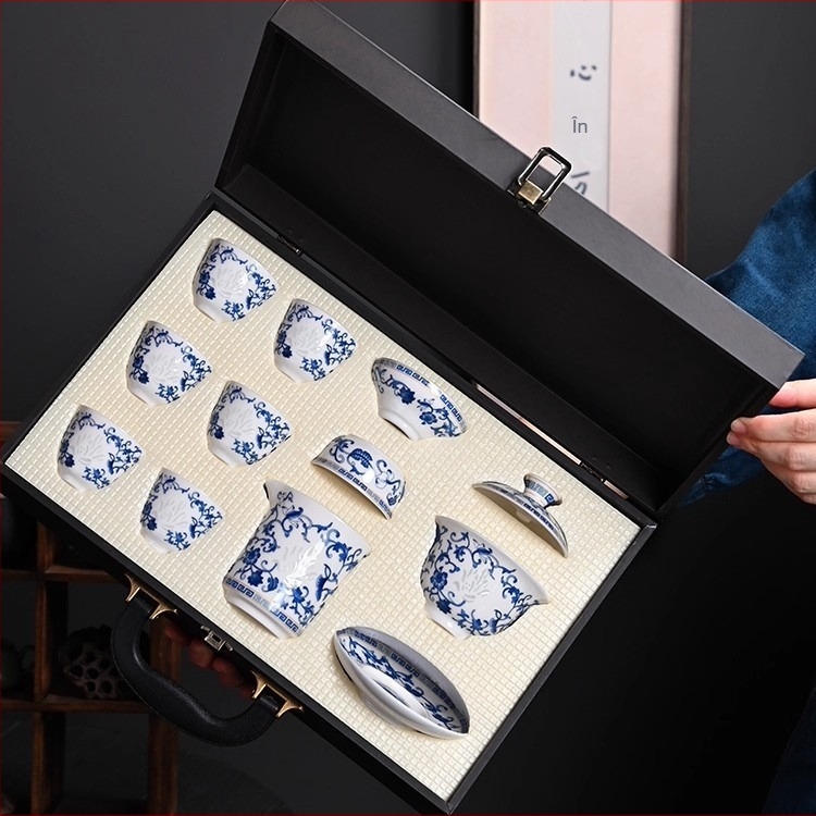 Set de ceai din porțelan albastru și alb, stil chinezesc nou, de înaltă calitate, complet pentru casă și birou, în cutie cadou