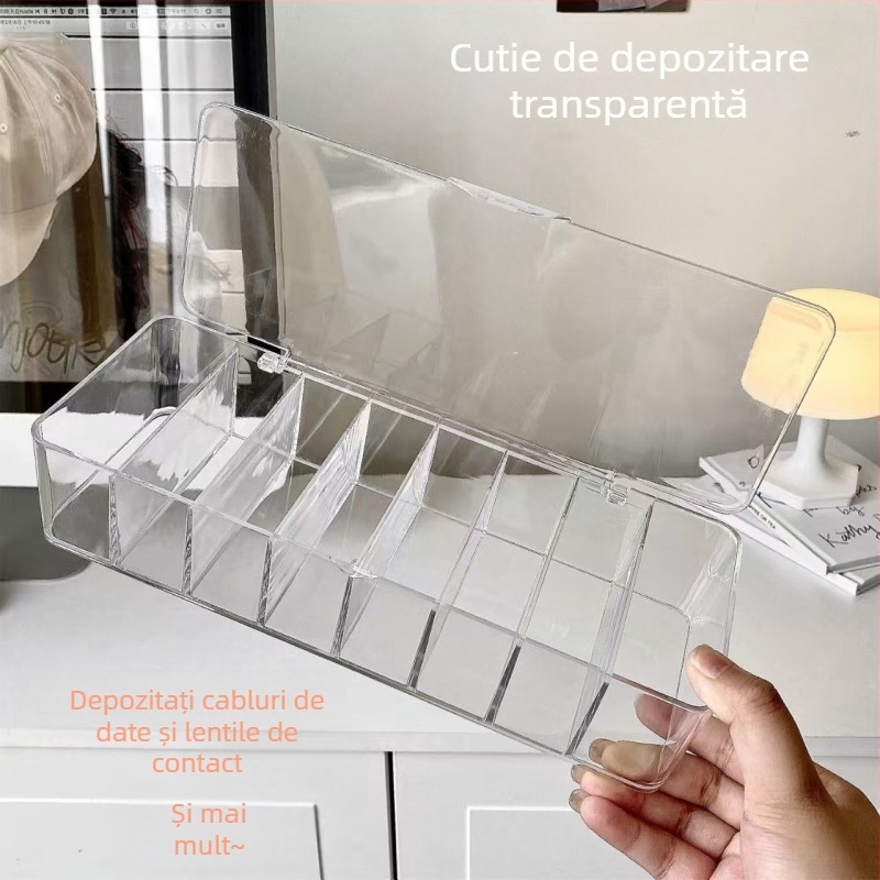 Cutie de depozitare desktop pentru cabluri, lentile de contact și bijuterii, cu compartimente și capac, transparentă