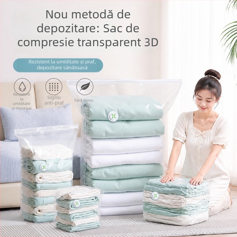 Sac de vid 3D transparent pentru comprimare și depozitare păturilor și hainelor
