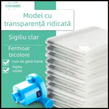 Sac de depozitare transparent cu compresie pentru haine, paltoane cu puf și pilotă, cu fermoar bi-color