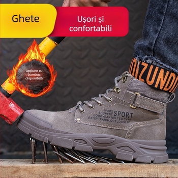 Pantofi de protecție pentru bărbați, vârf din oțel, protecție împotriva loviturilor și perforărilor, ghete de lucru în piele velur cu căptușeală călduroasă
