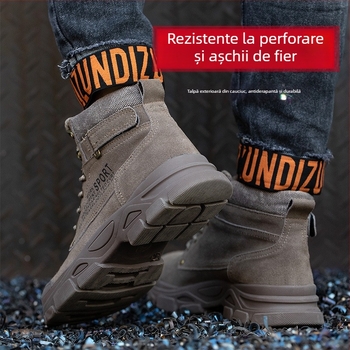 Pantofi de protecție pentru bărbați, vârf din oțel, protecție împotriva loviturilor și perforărilor, ghete de lucru în piele velur cu căptușeală călduroasă