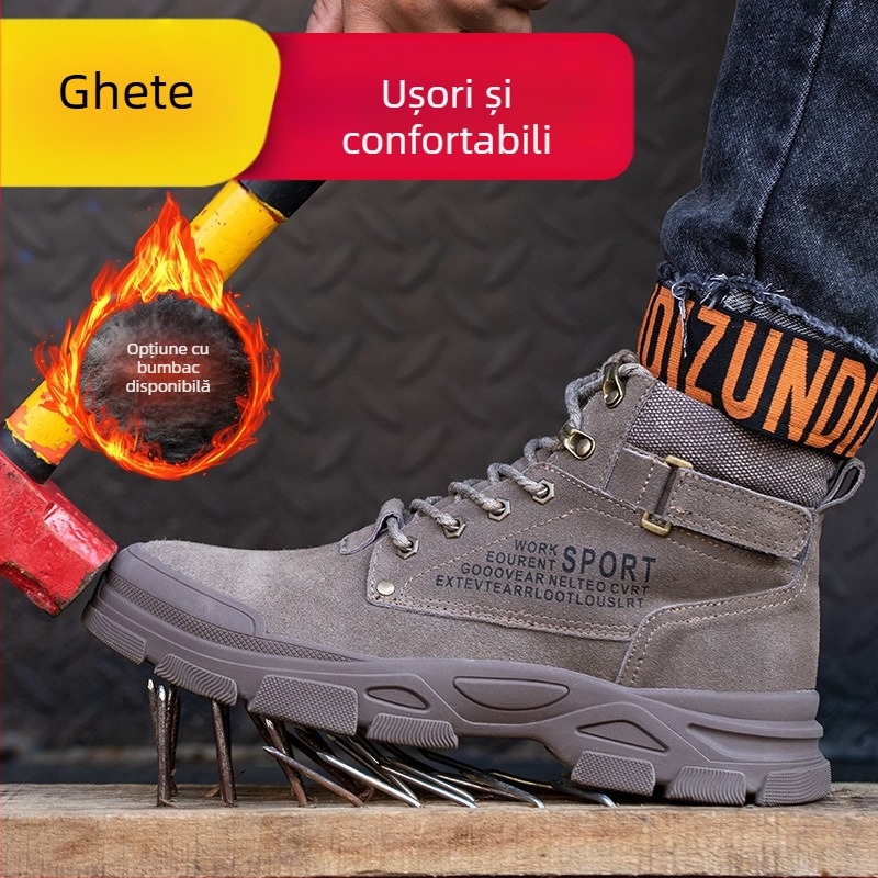 Pantofi de protecție pentru bărbați, vârf din oțel, protecție împotriva loviturilor și perforărilor, ghete de lucru în piele velur cu căptușeală călduroasă