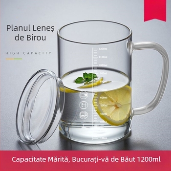 Cană din sticlă borosilicat rezistentă la temperaturi, cu capac, scară de măsurare și mâner, pentru birou și casă.