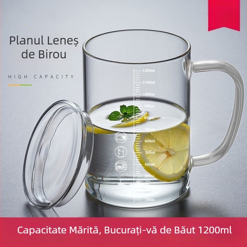 Cană din sticlă borosilicat rezistentă la temperaturi, cu capac, scară de măsurare și mâner, pentru birou și casă.