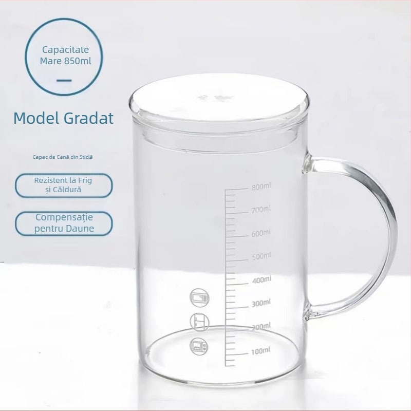 Cană din sticlă borosilicat rezistentă la temperaturi, cu capac, scară de măsurare și mâner, pentru birou și casă.