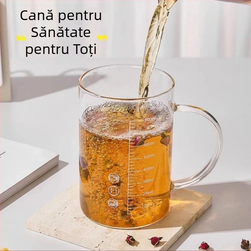 Cană din sticlă borosilicat rezistentă la temperaturi, cu capac, scară de măsurare și mâner, pentru birou și casă.