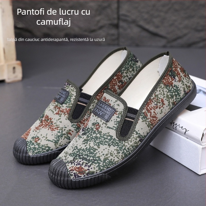Pantofi de lucru pentru bărbați, din pânză, slip-on, talpă din cauciuc rezistent la uzură, model camuflaj, respirabili