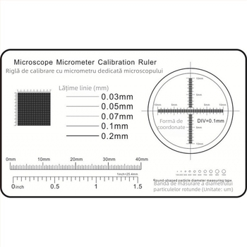 Rigla micrometrică de calibrare pentru microscop, diviziune 0,1 mm, grosime a reticulului 0,1 mm