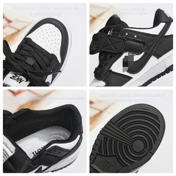 Pantofi sport unisex pentru copii din piele naturală, respirabili, panda negru-alb, blocuri de culoare, croi scurt, Velcro