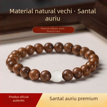 Brățară premium din lemn de santal auriu cu mărgele Bodhi din jade alb, naturală, lucrată manual, 10 mm, set de 120 bucăți