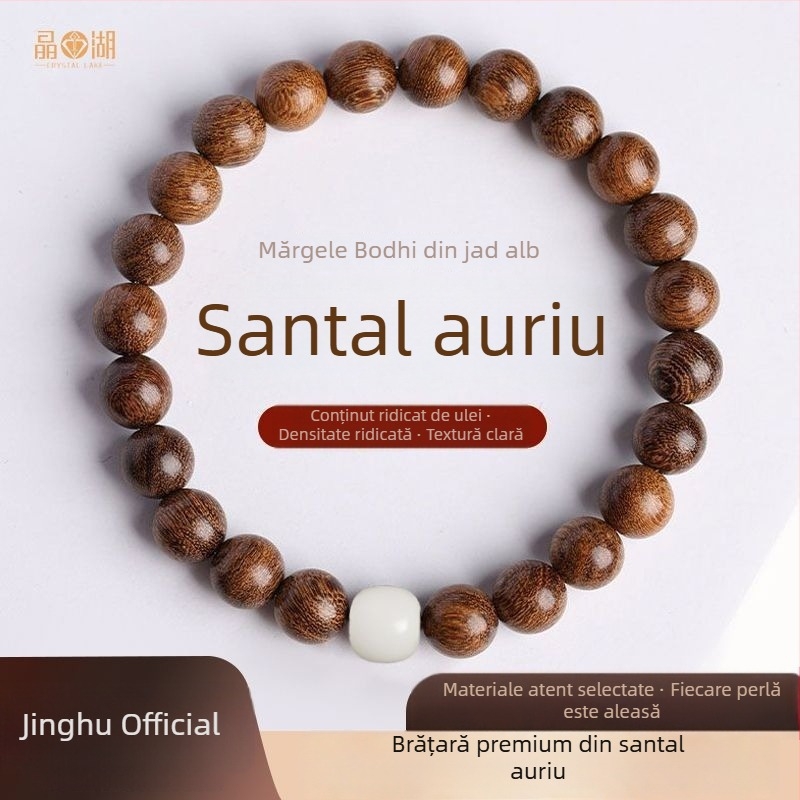 Brățară premium din lemn de santal auriu cu mărgele Bodhi din jade alb, naturală, lucrată manual, 10 mm, set de 120 bucăți