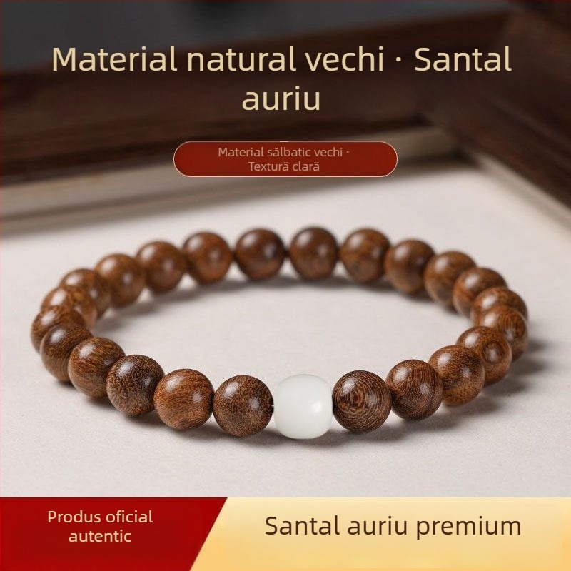 Brățară premium din lemn de santal auriu cu mărgele Bodhi din jade alb, naturală, lucrată manual, 10 mm, set de 120 bucăți