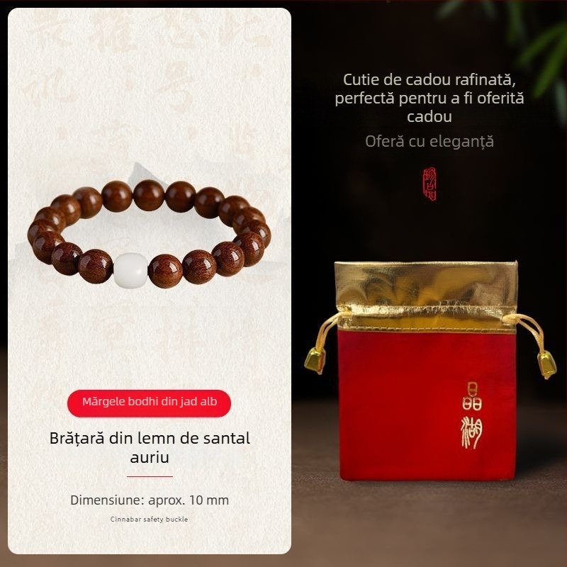 Brățară premium din lemn de santal auriu cu mărgele Bodhi din jade alb, naturală, lucrată manual, 10 mm, set de 120 bucăți