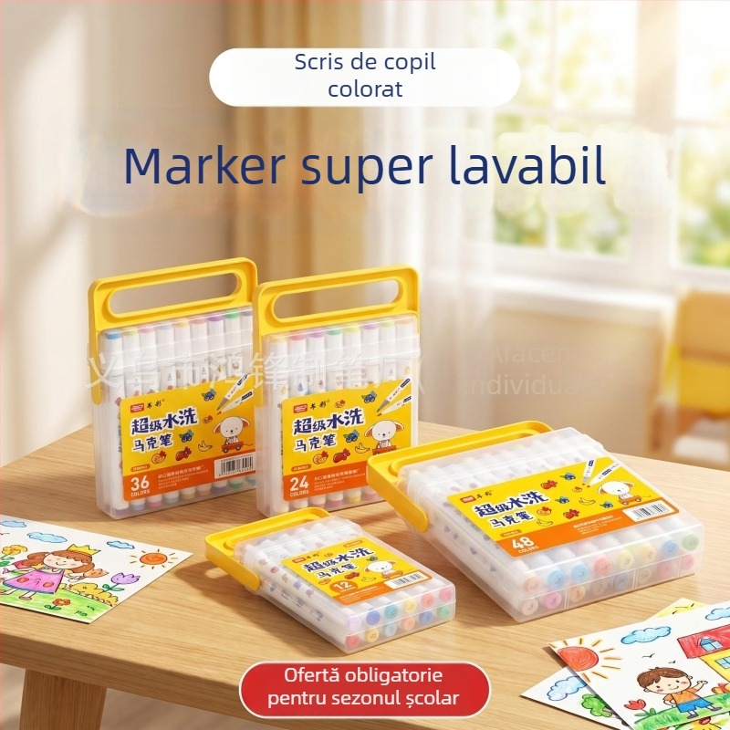 Book Color Markere cu două capete ușor de spălat, corp triunghiular, pe bază de apă, care nu pătează culoarea și pot fi suprapuse, markere pliabile pentru desen, grosime linie 6 mm, set 48 de culori