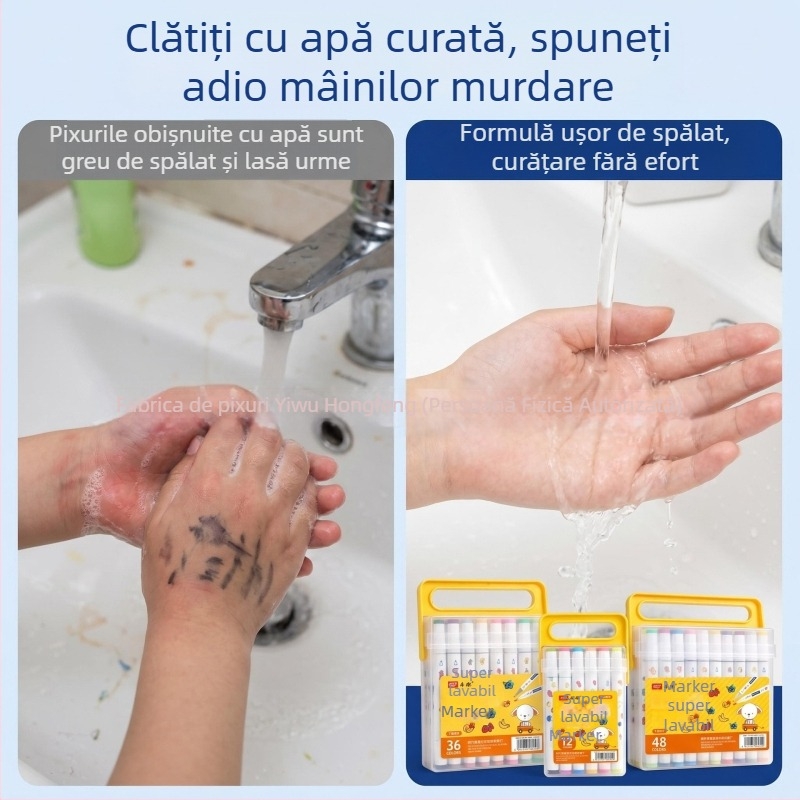 Book Color Markere cu două capete ușor de spălat, corp triunghiular, pe bază de apă, care nu pătează culoarea și pot fi suprapuse, markere pliabile pentru desen, grosime linie 6 mm, set 48 de culori