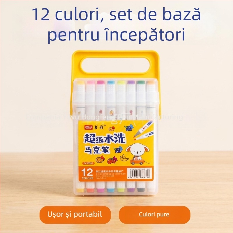 Book Color Markere cu două capete ușor de spălat, corp triunghiular, pe bază de apă, care nu pătează culoarea și pot fi suprapuse, markere pliabile pentru desen, grosime linie 6 mm, set 48 de culori