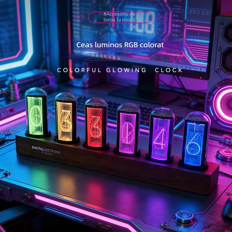 Ceas digital LED cu tub Nixie pseudo, RGB colorat, stil cyberpunk, pentru decor pe desktop PC de gaming