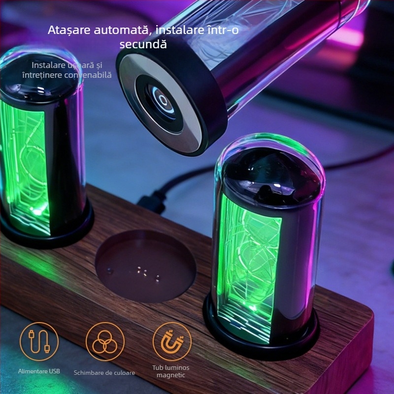 Ceas digital LED cu tub Nixie pseudo, RGB colorat, stil cyberpunk, pentru decor pe desktop PC de gaming