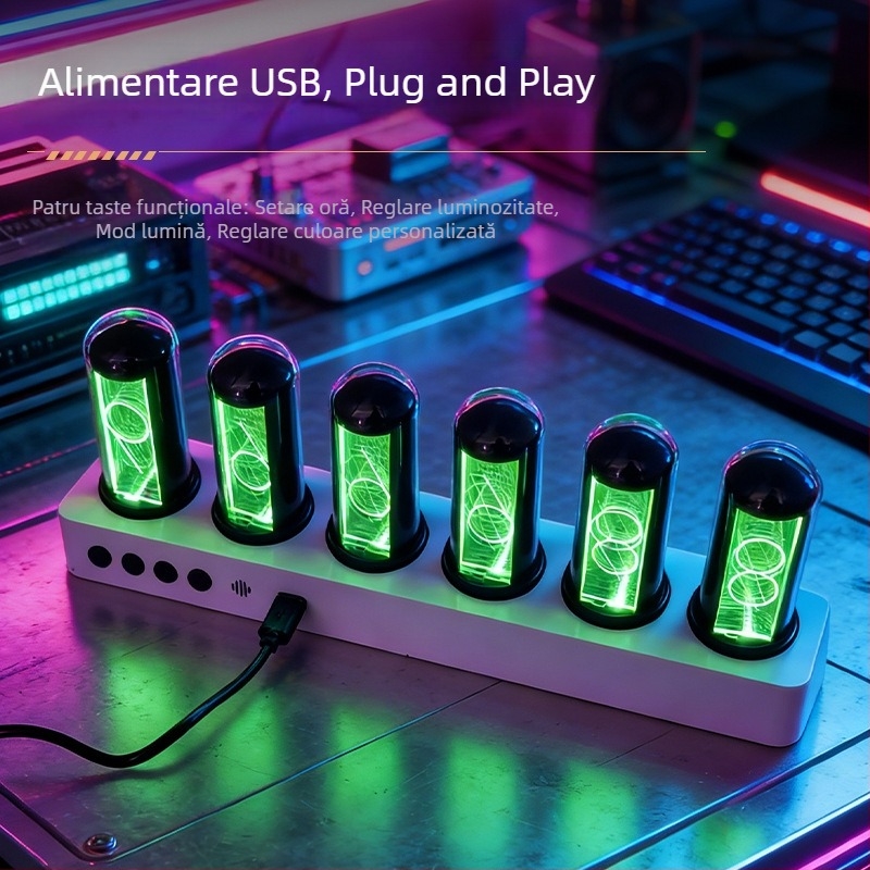 Ceas digital LED cu tub Nixie pseudo, RGB colorat, stil cyberpunk, pentru decor pe desktop PC de gaming