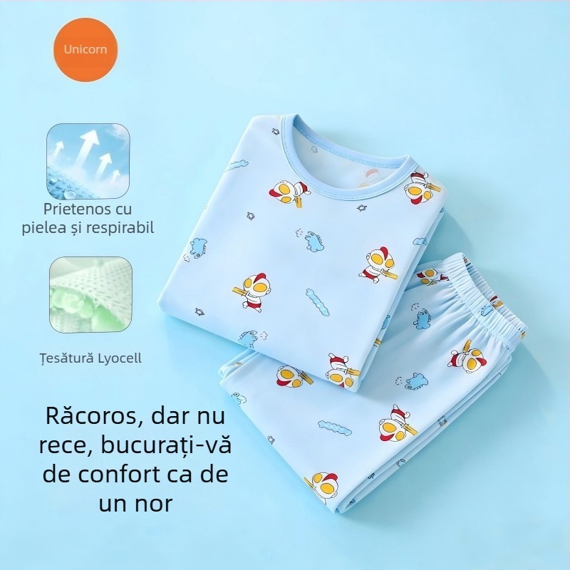 Set de vară pentru copii din Lyocell, ușor, mâneci 3/4, pantaloni Capri, imprimeu desene animate, unisex