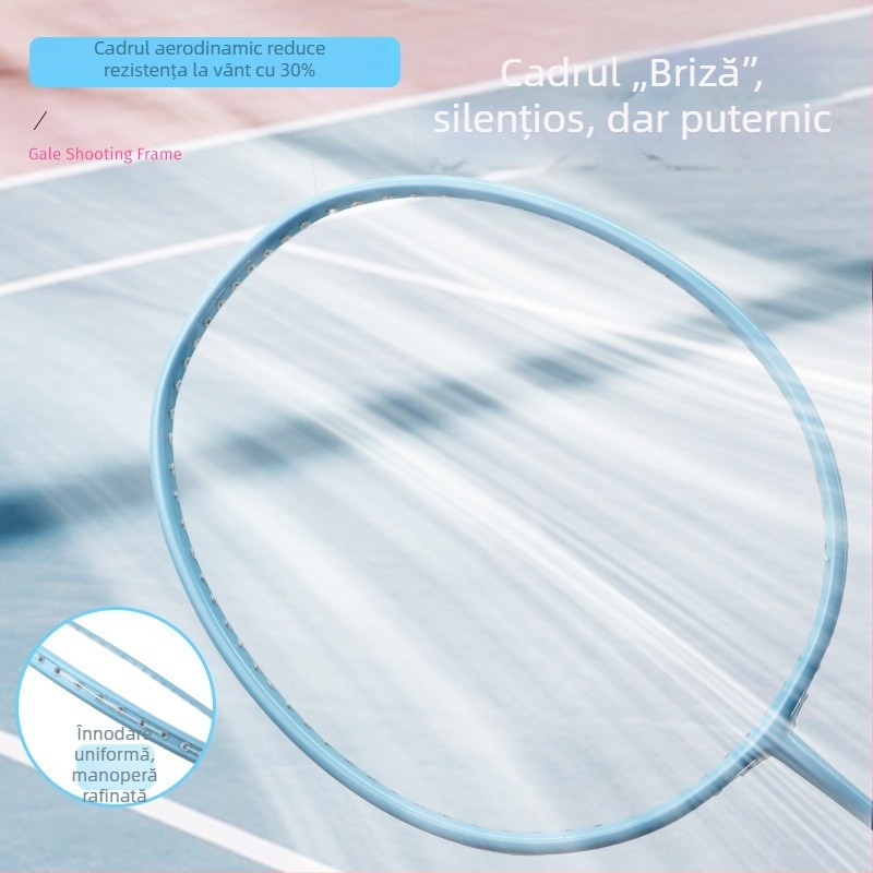 Raquetă de badminton ultraușoară cu cadru din carbon într-o singură bucată, 4U, zonă mare de sweet spot, roz cireș delicat și albastru cer clar, personalizare logo