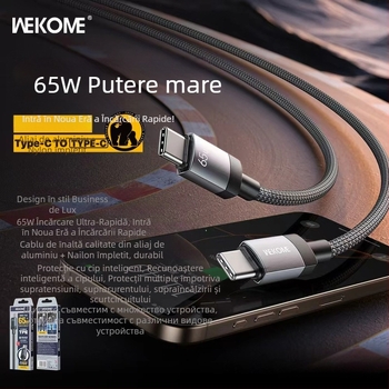 Wekome cablu USB-C împletit, încărcare rapidă de 65W, cu protecție a cipului inteligent pentru dispozitive Apple și Huawei