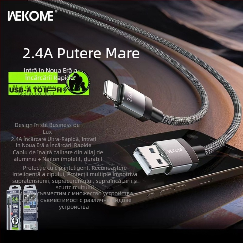 Wekome cablu USB-C împletit, încărcare rapidă de 65W, cu protecție a cipului inteligent pentru dispozitive Apple și Huawei