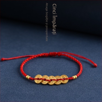 Brățară împletită cu monedele celor Cinci Împărați, culoare aurie, șnur roșu – unisex, mărgele norocoase, anul zodiacal