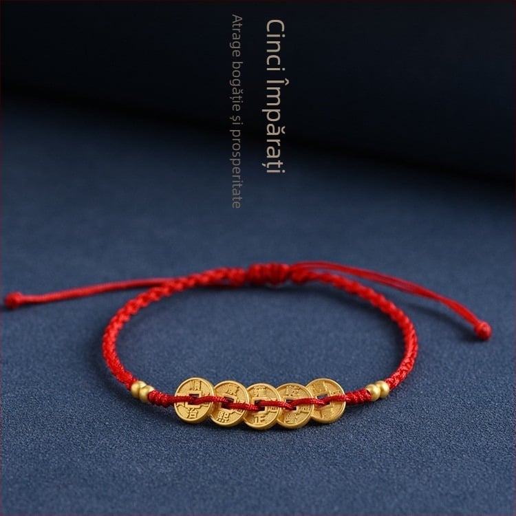 Brățară împletită cu monedele celor Cinci Împărați, culoare aurie, șnur roșu – unisex, mărgele norocoase, anul zodiacal