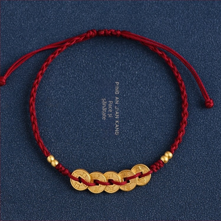 Brățară împletită cu monedele celor Cinci Împărați, culoare aurie, șnur roșu – unisex, mărgele norocoase, anul zodiacal