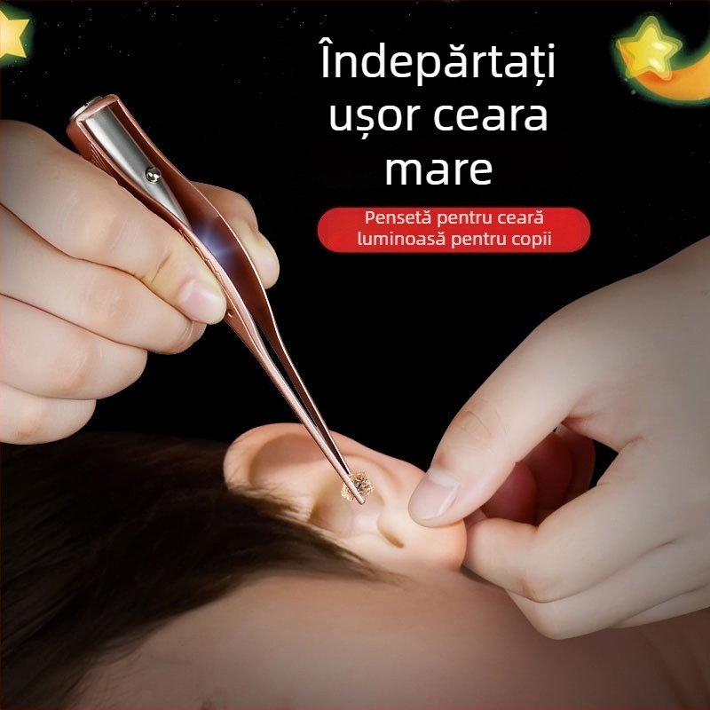 Lingură de urechi luminoasă și clește pentru cerumen – set de instrumente pentru curățarea urechilor pentru copii